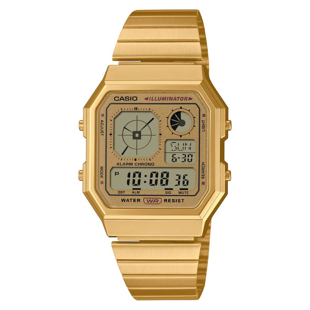 A130WEG-9ADF | Đồng hồ Casio Nam Nữ | Dây Kim Loại Vàng | Đèn Led | Chống Nước