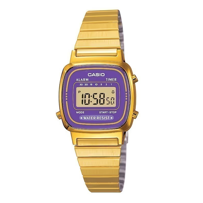 LA670WGA-6SDF | Đồng Hồ Casio Nữ | Dây Kim Loại Mạ Màu Vàng | Mặt Màu Tím | Chống Nước