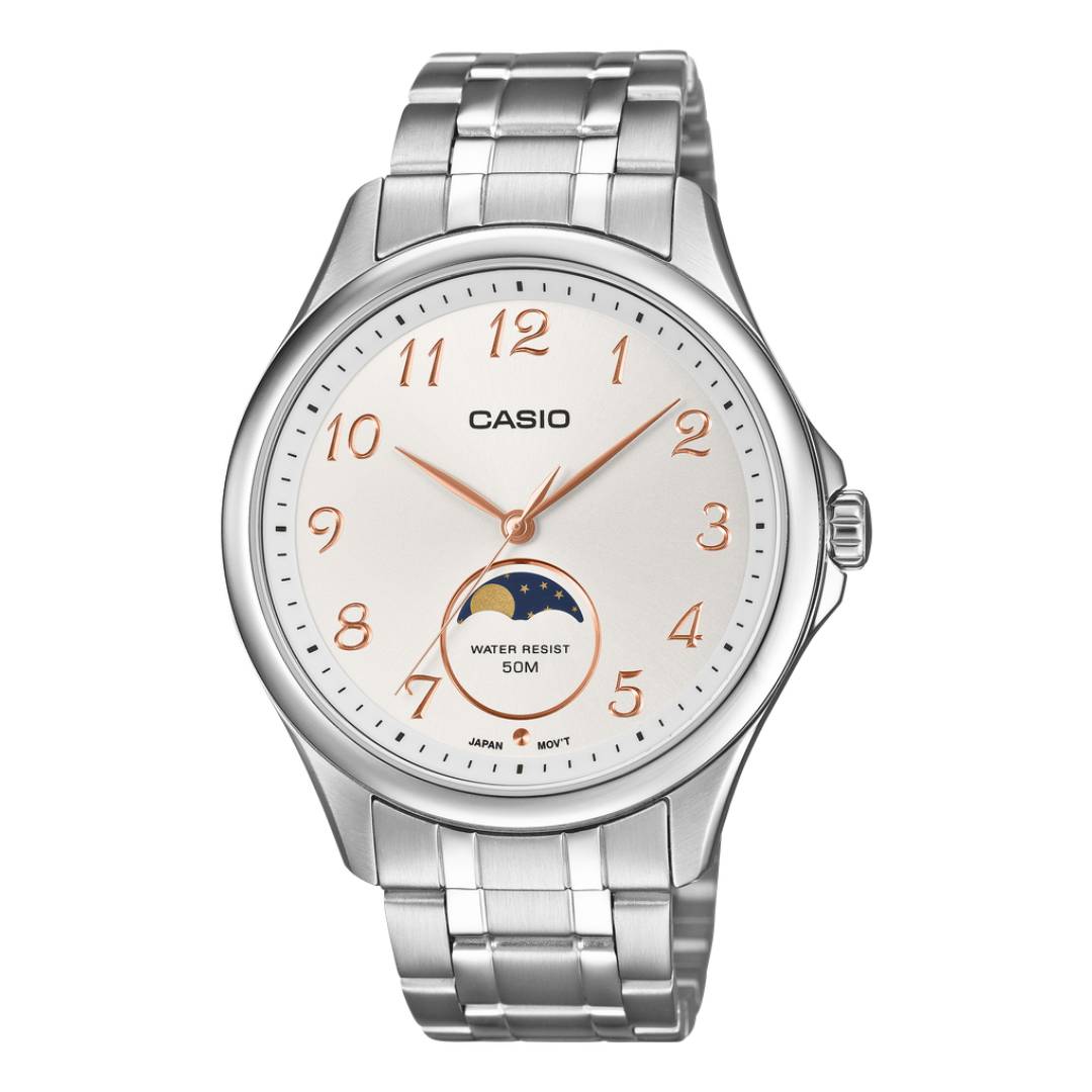 MTP-M110D-7AVDF | Đồng hồ Casio Nam | Dây kim loại | Mặt số hiển thị chu kỳ trăng | Moonphase | WR 50m