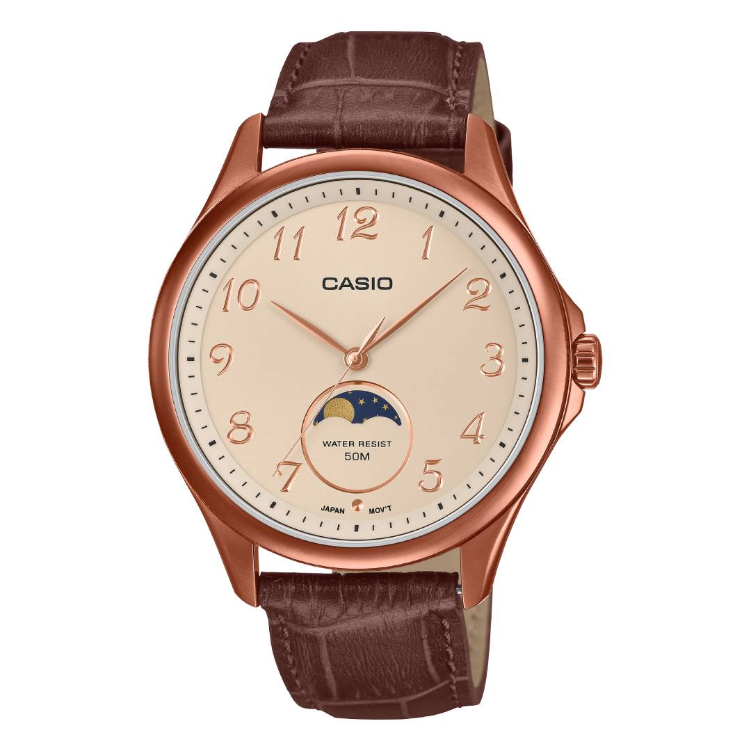 MTP-M110RL-5AVDF | Đồng hồ Casio Nam | Dây đeo bằng da | Mặt số hiển thị chu kỳ trăng | Moonphase | WR 50m