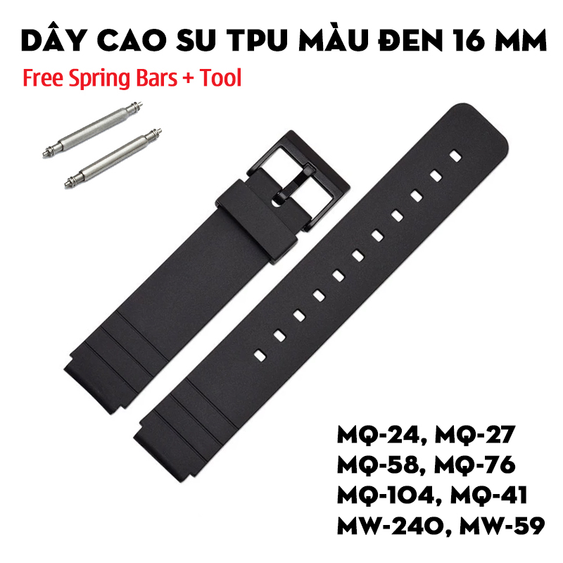 Dây cao su TPU màu đen 16 mm thay thế cho Casio MQ-24, MQ-27, MQ-58, MQ-76, MQ-104, MQ-41, MW-240, MW-59
