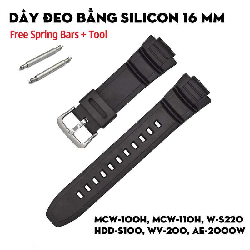 Dây đeo bằng silicon 16 mm thay thế cho Casio MCW-100H, MCW-110H, W-S220, HDD-S100, WV-200, AE-2000W, AE-2100W