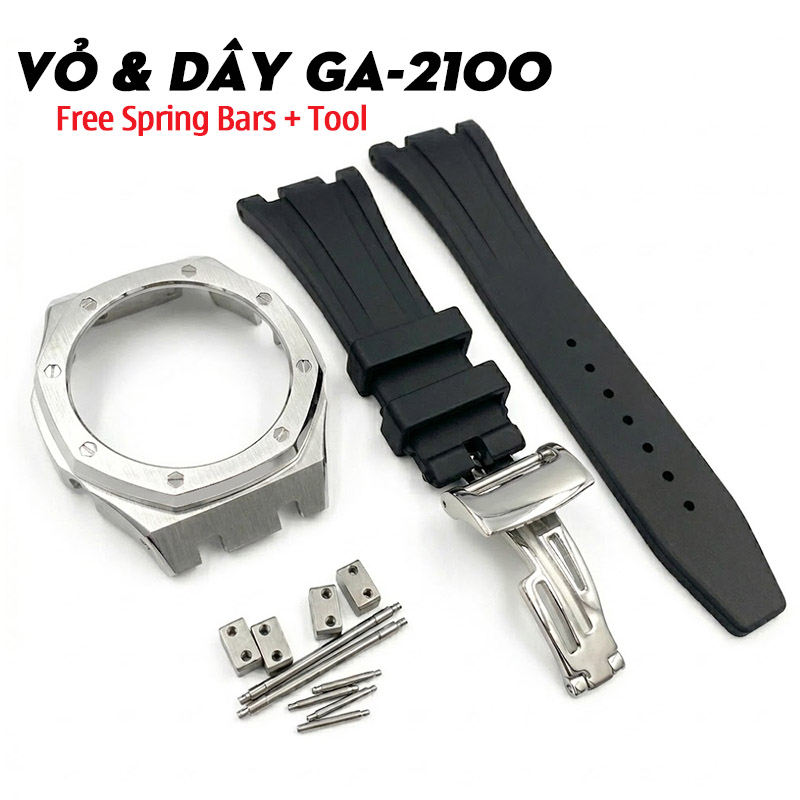 Dây Vỏ Thế Hệ 3 G-Shock GA-2100 Vỏ AP Bạc + Dây Nhựa Flo Cao Cấp Đen