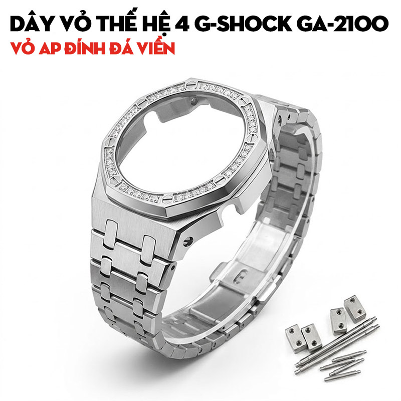 Dây Vỏ Thế Hệ 4 G-Shock GA-2100 Vỏ AP Đính Đá Viền Bezel - Dây Kim Loại Bạc