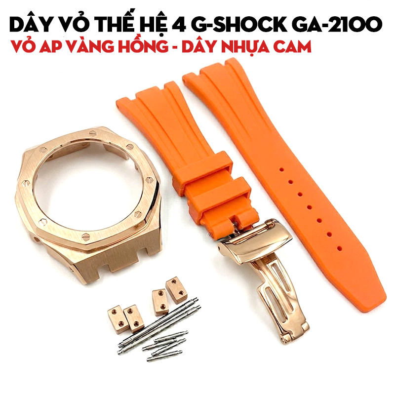 Dây Vỏ Thế Hệ 4 G-Shock GA-2100 Vỏ AP Vàng Hồng - Dây Nhựa Cam