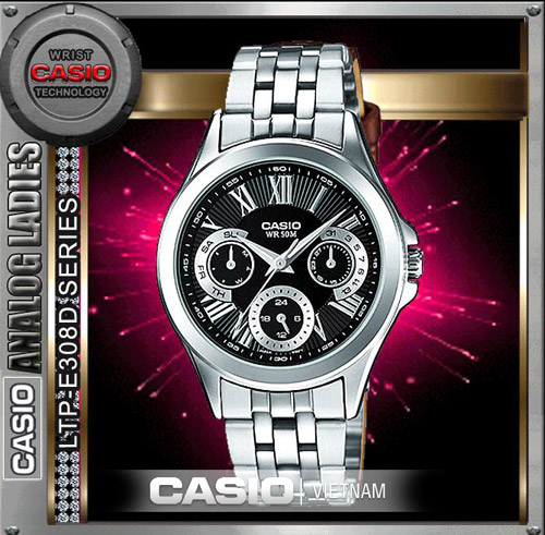 Đồng hồ Casio LTP-E308D-1AVDF Chính hãng Mặt đen 6 kim